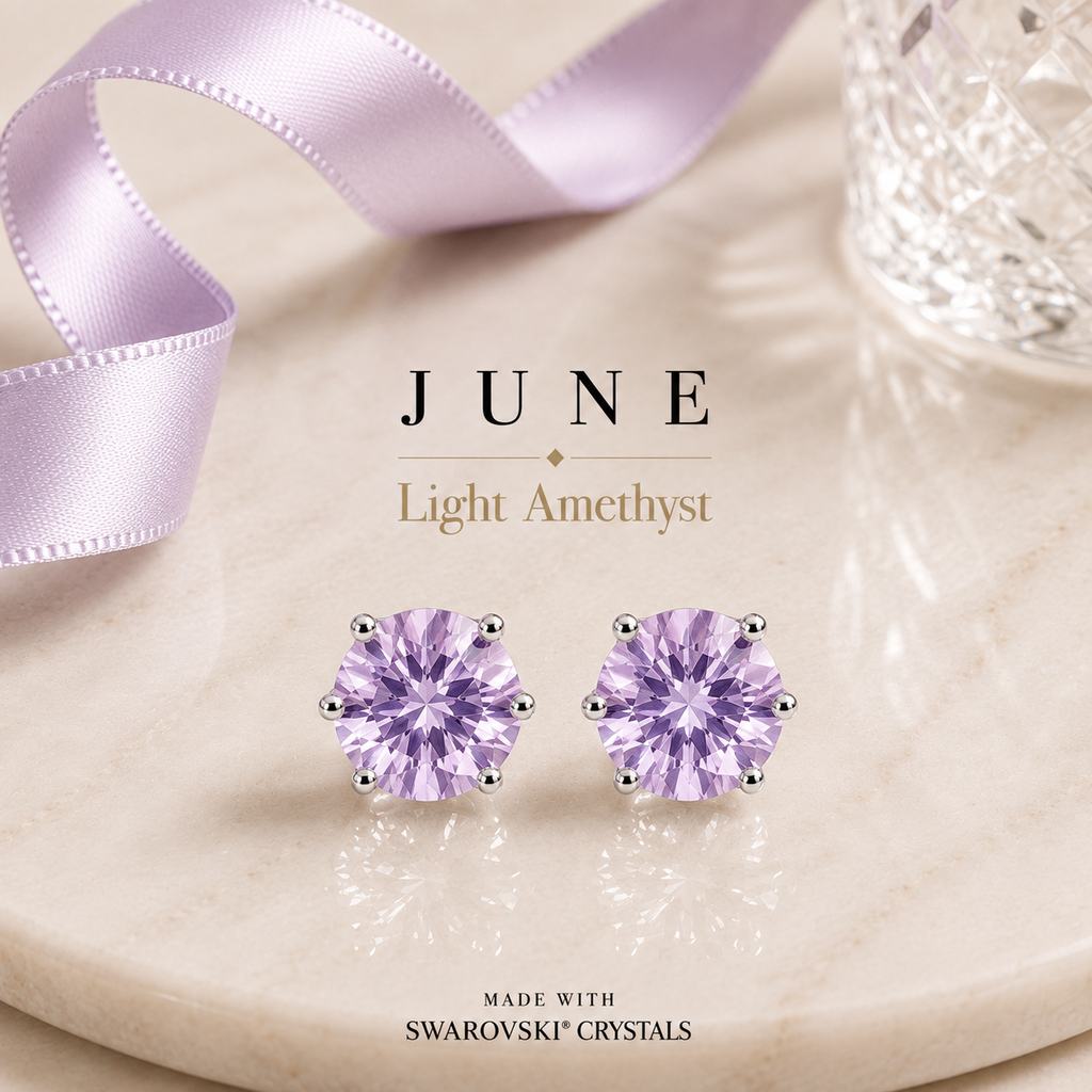 June Birthstone Crystal Stud Earrings — Light Amethyst