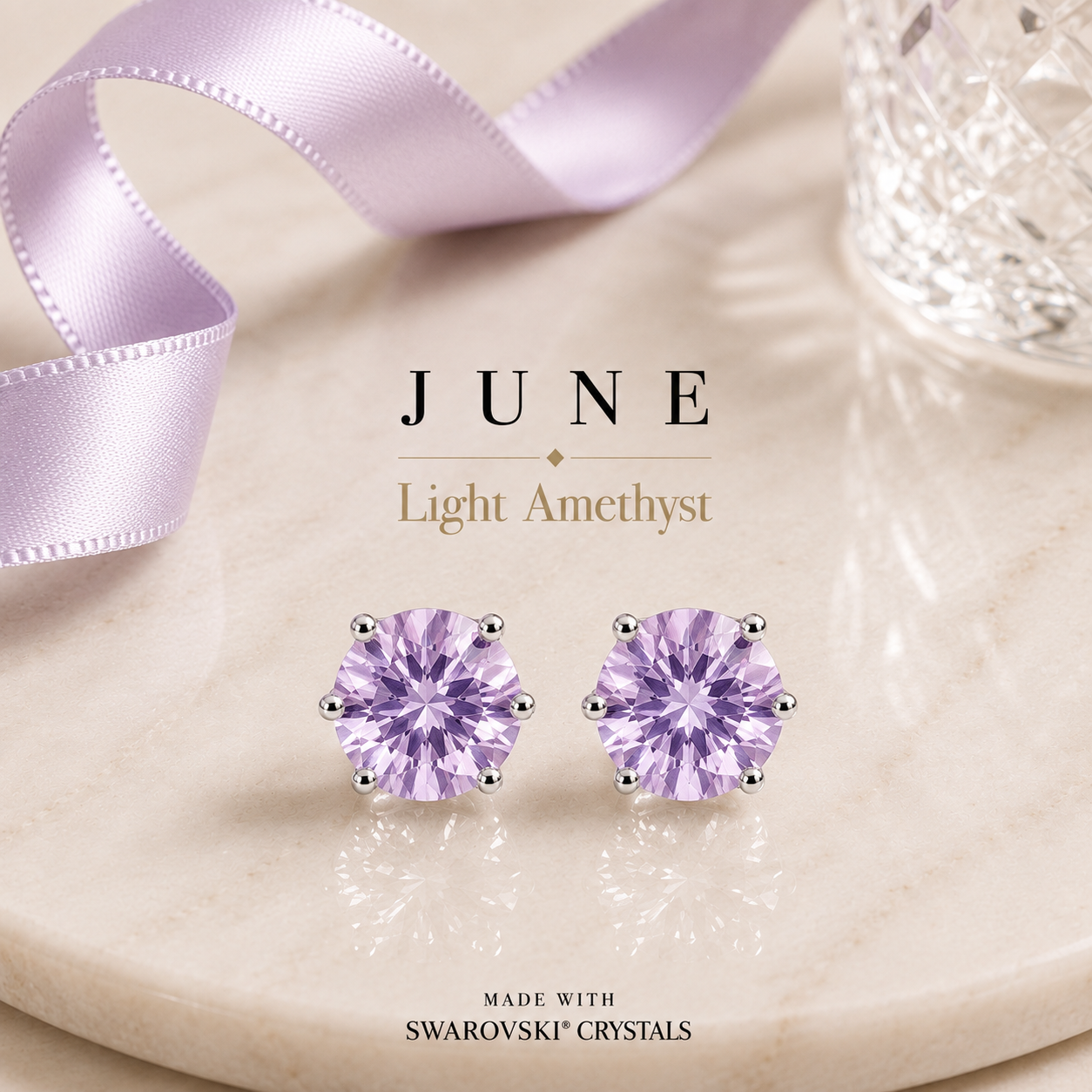June Birthstone Crystal Stud Earrings — Light Amethyst