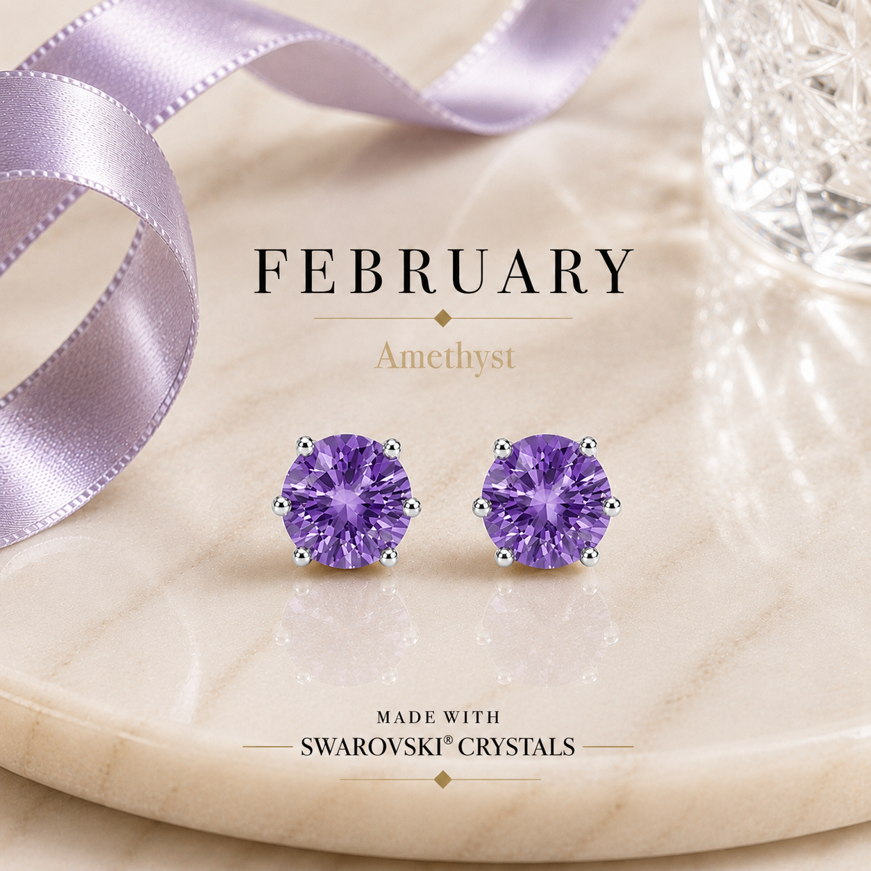 February Birthstone Crystal Stud Earrings — Amethyst