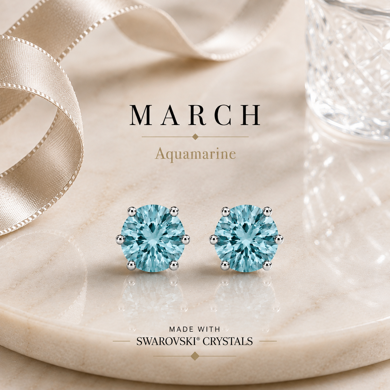 March Birthstone Crystal Stud Earrings — Aquamarine