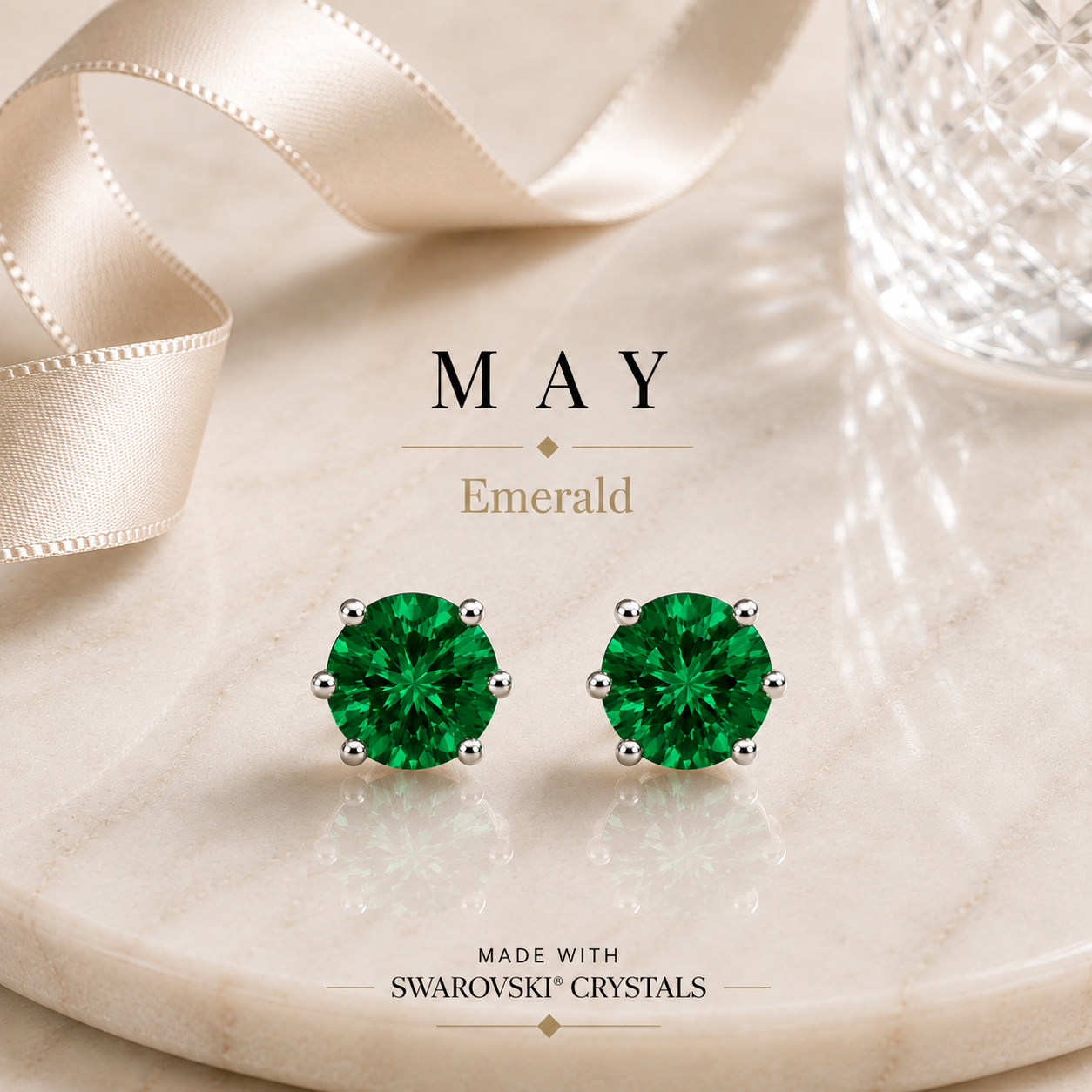 May Birthstone Crystal Stud Earrings — Emerald