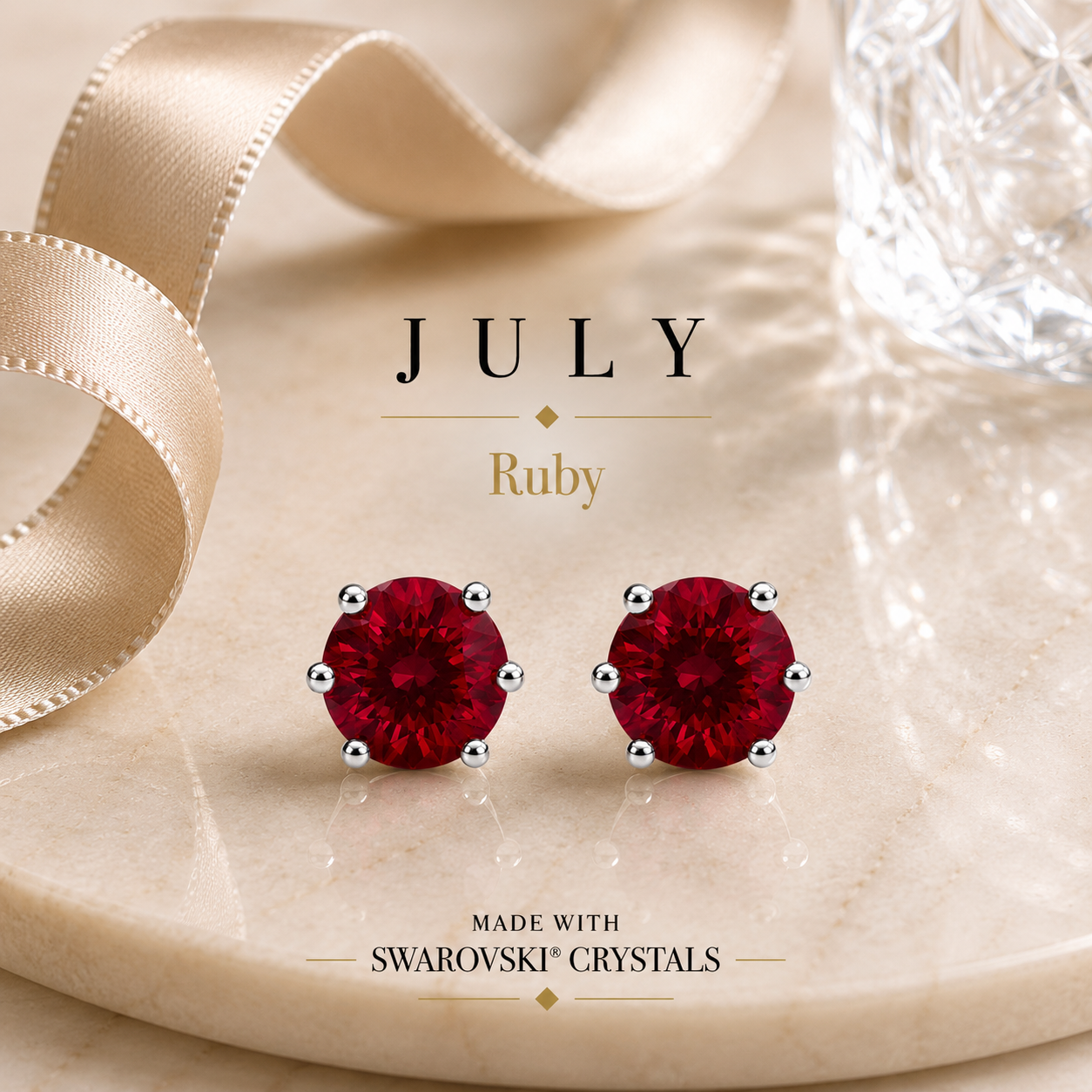 July Birthstone Crystal Stud Earrings — Ruby