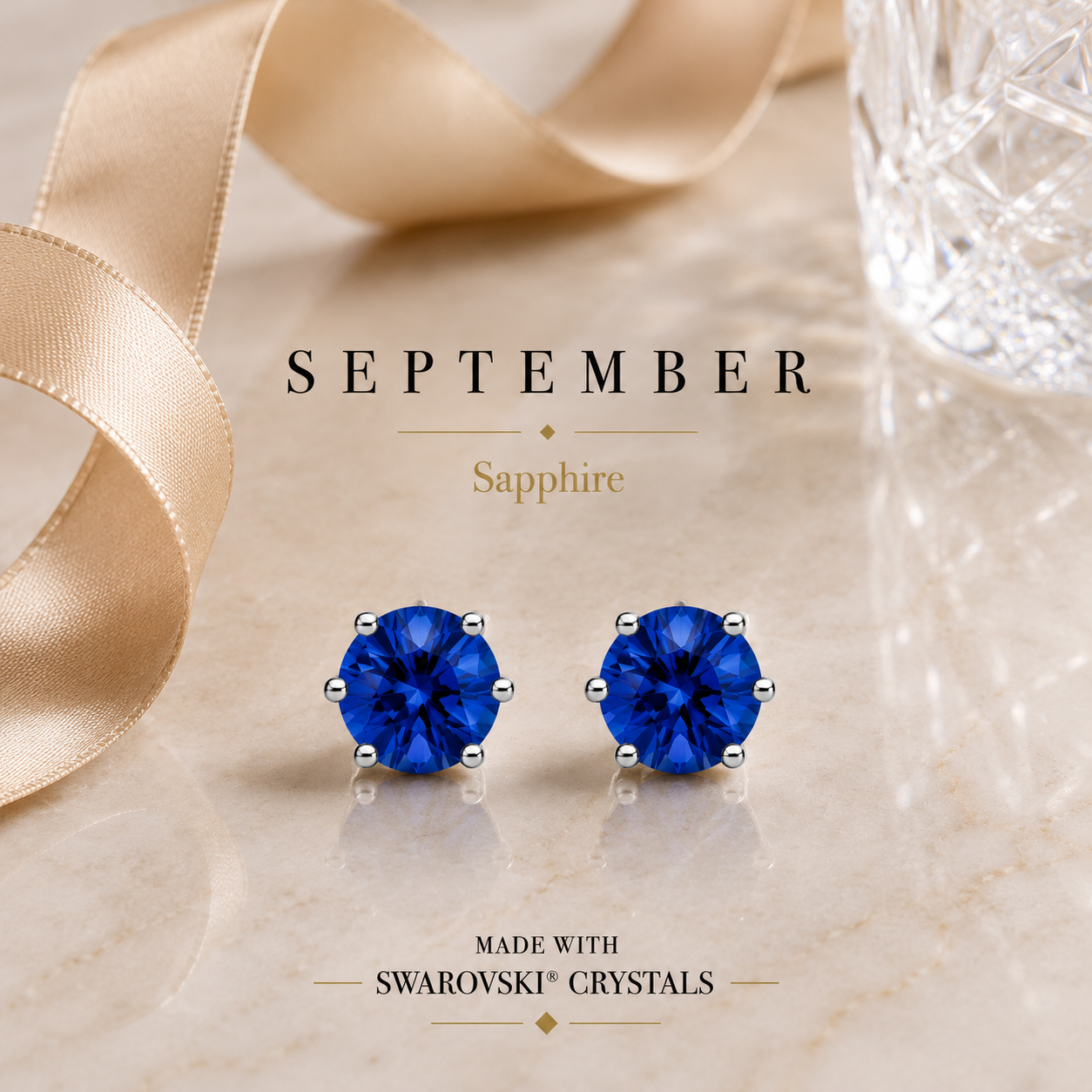 September Birthstone Crystal Stud Earrings — Sapphire