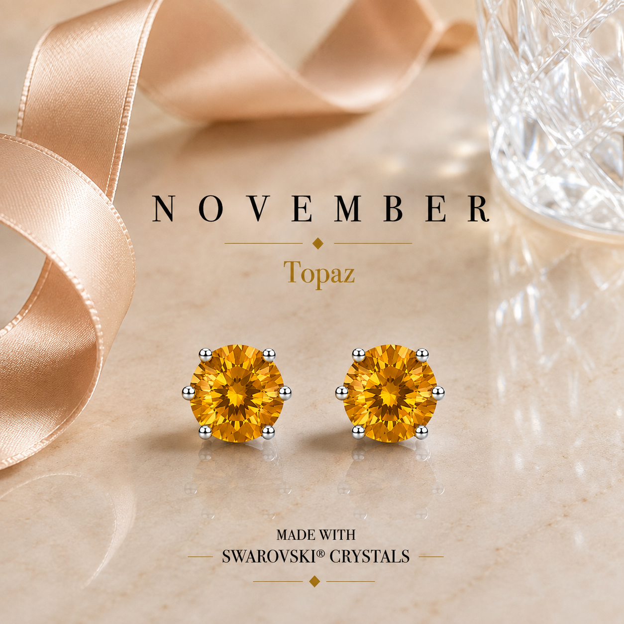 November Birthstone Crystal Stud Earrings — Topaz