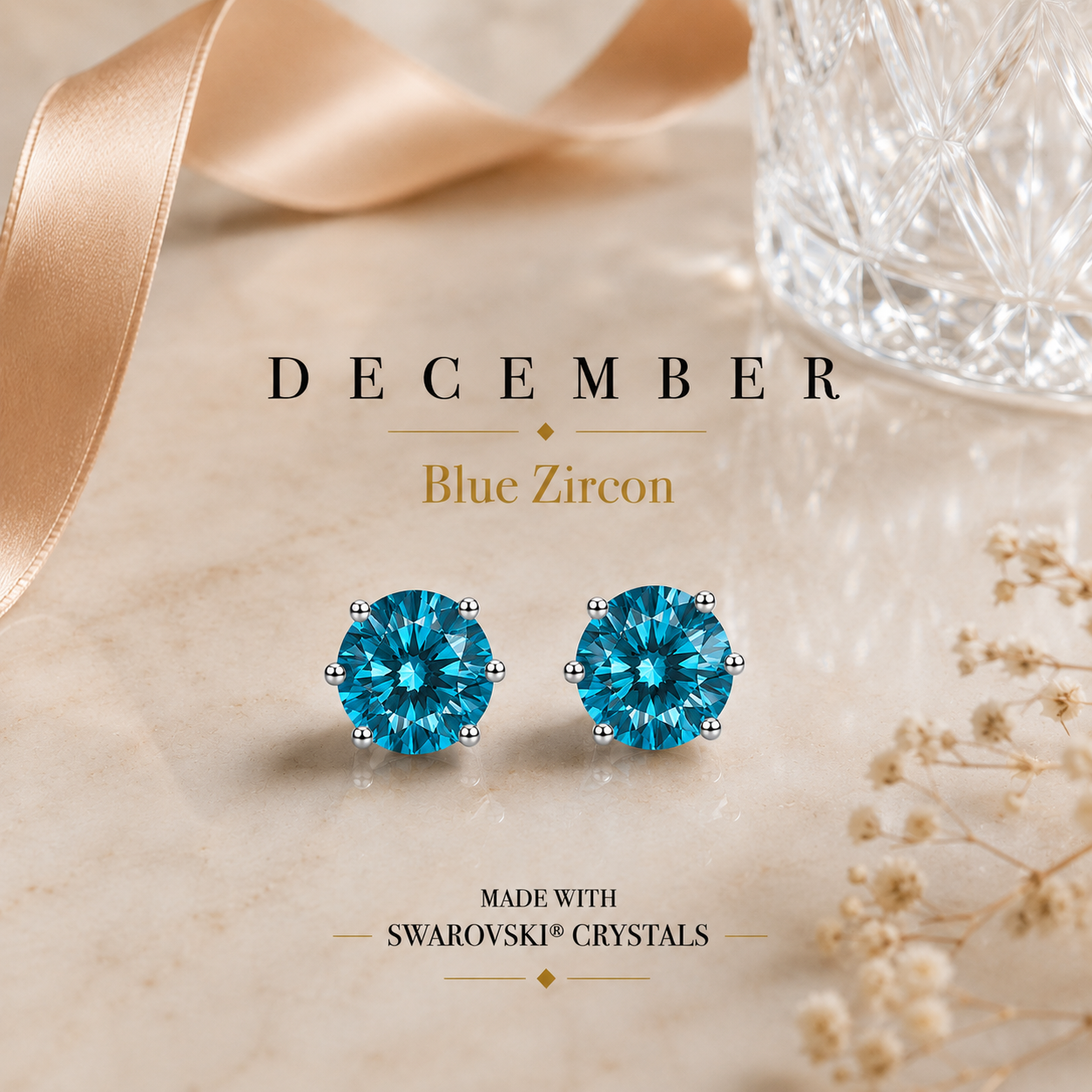 December Birthstone Crystal Stud Earrings — Blue Zircon
